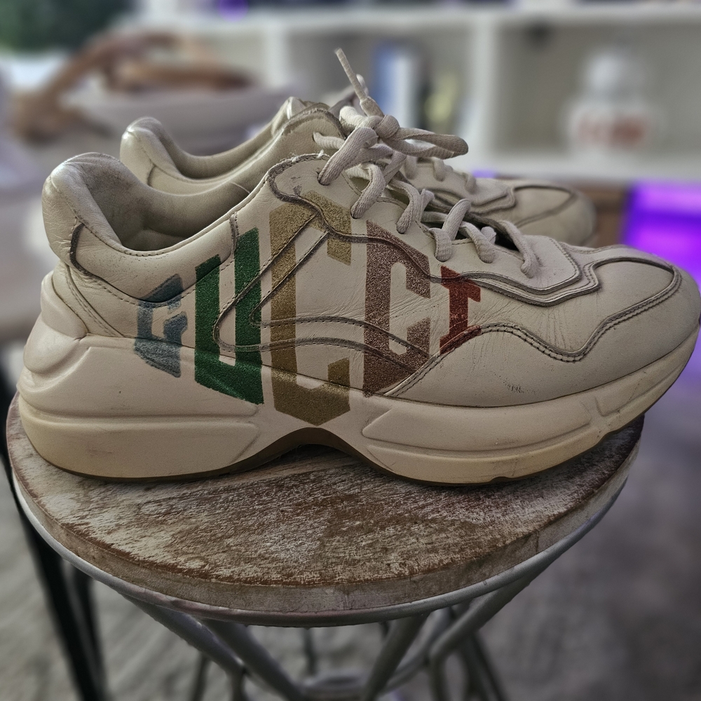 Leather Cream Sneakers with Multicolor Logo - Picture 3 of 10
